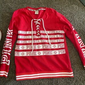 PINK Victoria's Secret Red & White Lace-Up Pullover Sweatshirt